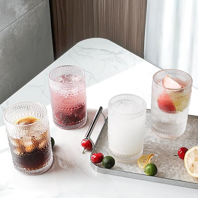 Hobnail Drinking Glasses Set,16 Oz Vintage Embossed Glass Tumbler for Cocktail, Beer, Juice, Water, Whiskey and Kitchen Glassware, 6 Pack