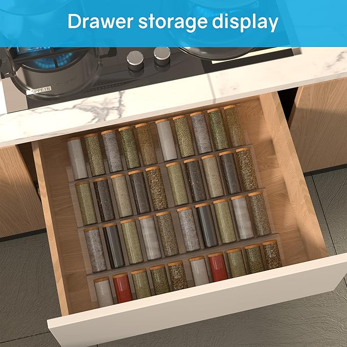 Expandable Acrylic Spice Drawer Organizer – 4-Tier Clear Seasoning Rack Insert for Kitchen Drawers, Adjustable from 9" to 18", Fits Most Spice Jars (Jars Not Included) 8-Pack