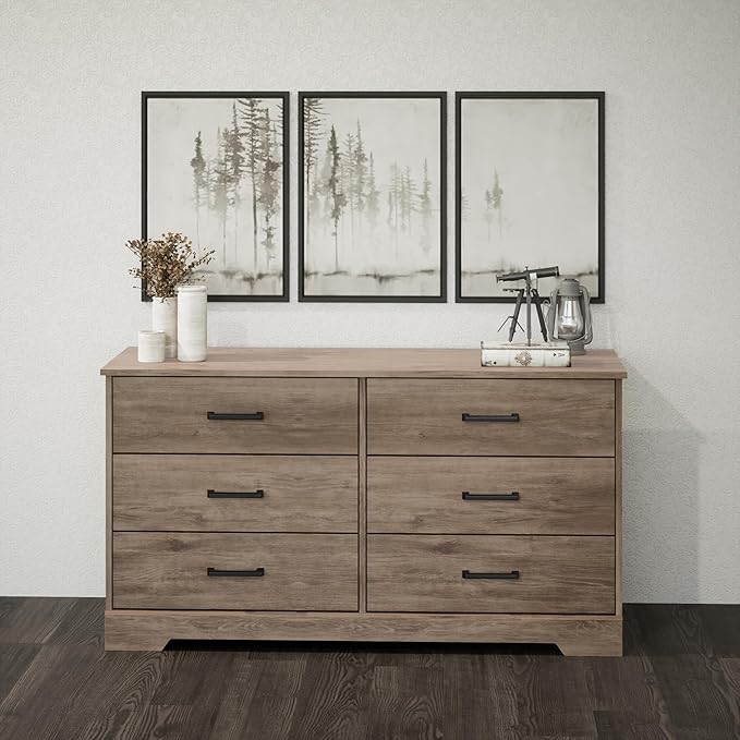 Prepac Rustic Ridge Farmhouse 6-Drawer Double Dresser, Brown Dresser for Bedroom, Chest of Drawers with 6 Storage Drawers, 53.25” wide x 18.25” deep x 28.5” tall, Brown