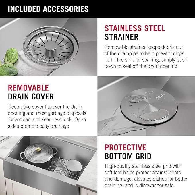 DELTA FAUCET Rivet 30-inch Workstation Farmhouse Apron Front Kitchen Sink Undermount 16 Gauge Stainless Steel Single Bowl with WorkFlow Ledge and Kit of 5 Accessories, 95C9031-30S-SS