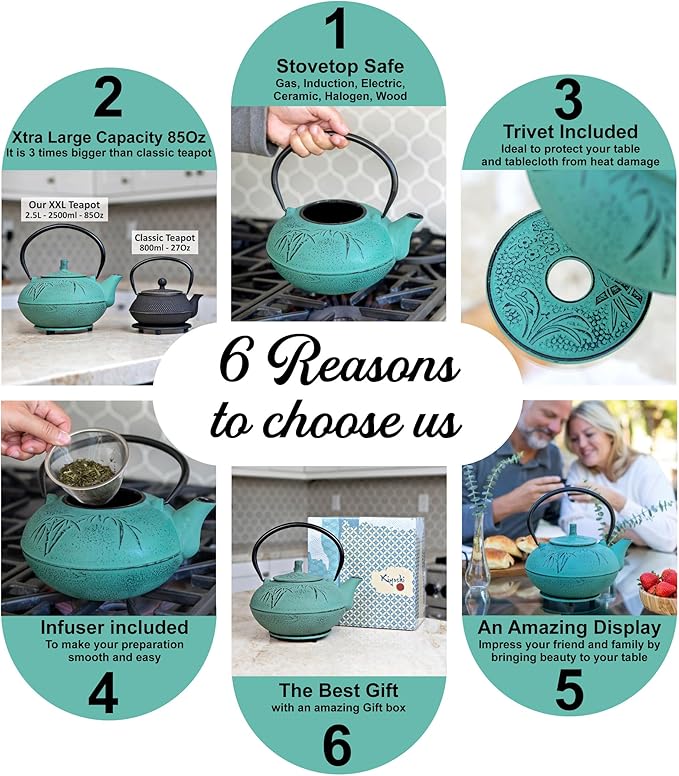 XXL Japanese Cast Iron Teapot with Infuser & Matching Trivet - Large 85 Oz/2500ml Tetsubin Loose Leaf Tea Pot with Enamel Interior - Handcrafted Big Cast Iron Tea Kettle Humidifier Set - Green
