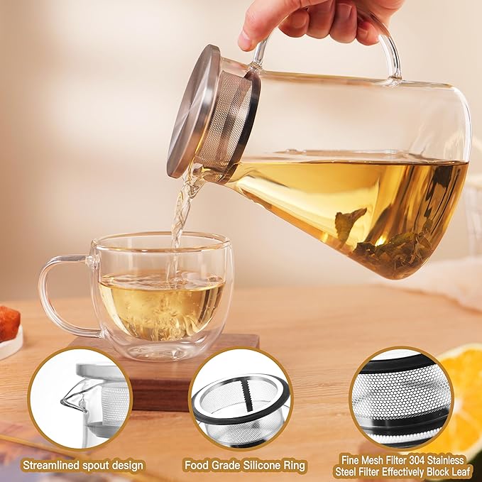 CNGLASS 30.5oz/900ml Glass Teapot Stovetop Safe,One-Touch Clear Tea Kettle,Blooming and Loose Leaf Tea Maker