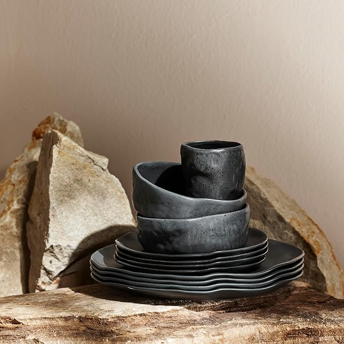 Stone by Mercer Project Atik Modern Stoneware 32-Piece Dinnerware Set, Plate and Bowl Set, Dish set for 8, Charcoal Black Speckled