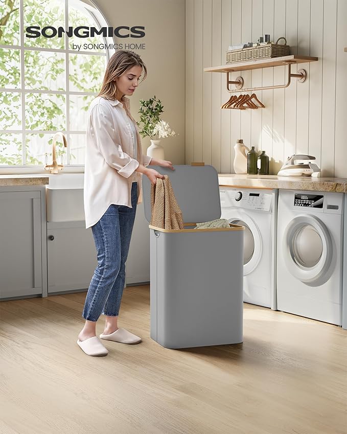 SONGMICS Laundry Hamper with Lid, 2-Section Large Laundry Basket, 34.3-gallon (130L), Removable Mesh Liner, Bamboo Handles, Collapsible, 20.5 x 15.2 x 27.8 Inches, Dove Gray ULCB513G01