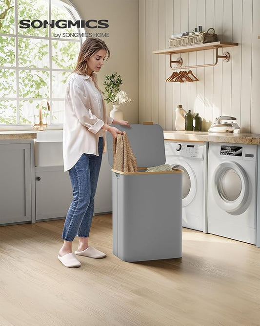 SONGMICS Laundry Hamper with Lid, 2-Section Large Laundry Basket, 34.3-gallon (130L), Removable Mesh Liner, Bamboo Handles, Collapsible, 20.5 x 15.2 x 27.8 Inches, Dove Gray ULCB513G01