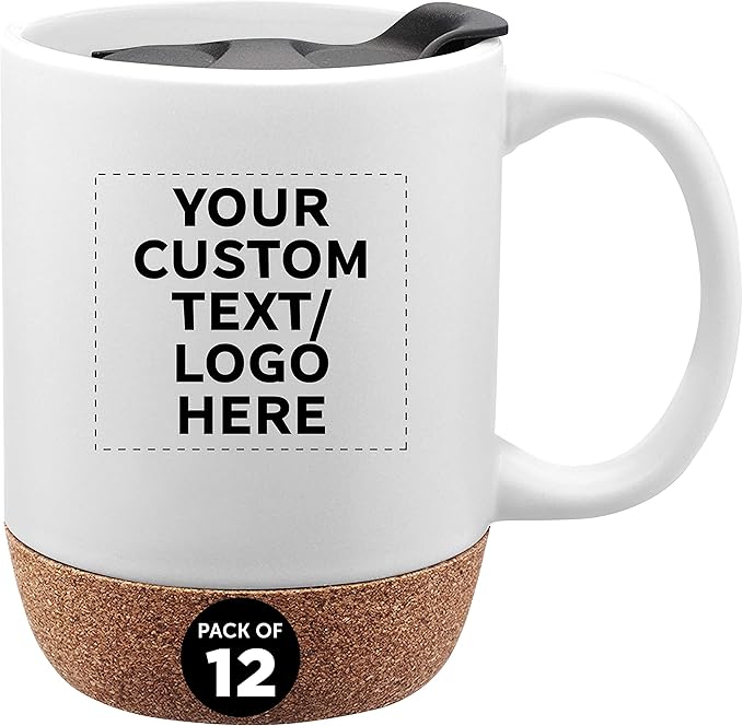 Custom Barista Ceramic Mugs with Cork Bottom 13 oz. Set of 12, Personalized Bulk Pack - Perfect for Coffee, Tea, Espresso, Hot Cocoa, Other Beverages - White