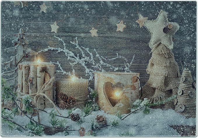 Ambesonne Christmas Cutting Board, Candle Winter Holiday Themed Arrangement with Snow and Fir Tree Leaves Print, Decorative Tempered Glass Cutting and Serving Board, Small Size, Khaki and Grey