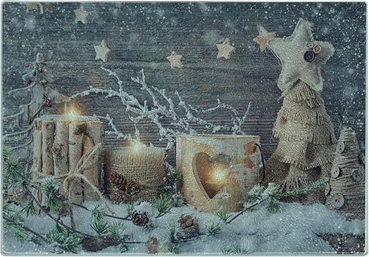 Ambesonne Christmas Cutting Board, Candle Winter Holiday Themed Arrangement with Snow and Fir Tree Leaves Print, Decorative Tempered Glass Cutting and Serving Board, Small Size, Khaki and Grey