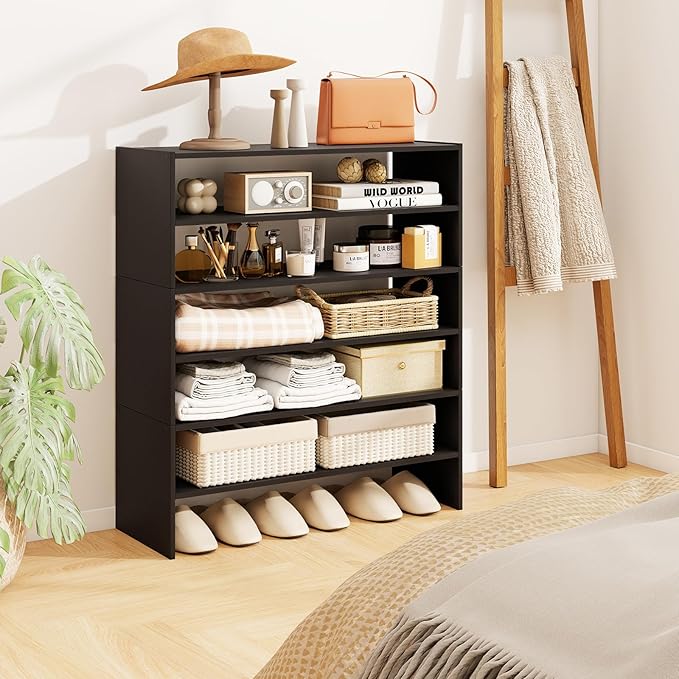 COSTWAY 6-Tier Shoe Rack, Extra Wide Shoe Shelf Organizer with Stackable Design, 31" Freestanding Adjustable Storage Shoe Stand for Small Space Entryway Hallway Closet (2,Black)