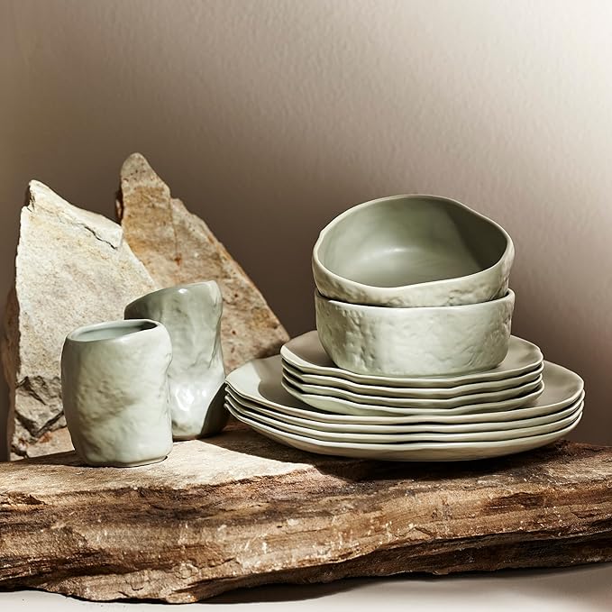 Stone by Mercer Project Atik Modern Stoneware 32-Piece Dinnerware Set, Plate and Bowl Set, Dish set for 8, White