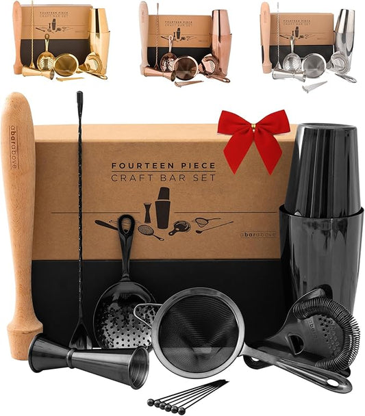 A Bar Above 14-Piece Matte Black Bartender Kit, Modern Bar Tool Set for Home Mixologists and Pros, Includes Black Stainless Steel Cocktail Shaker, Jigger, Strainers, Spoon, Picks, and Bar Accessories