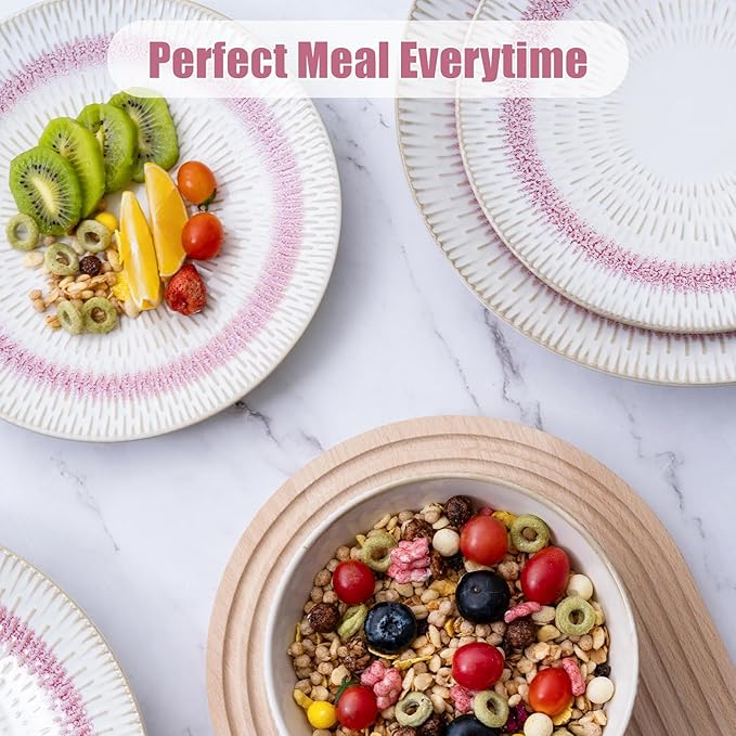 Dinnerware Set Pink Stoneware 12 Pieces Service for 4, Stoneware Plates and Bowls Set, Dishwasher Microwave Safe Dishes set