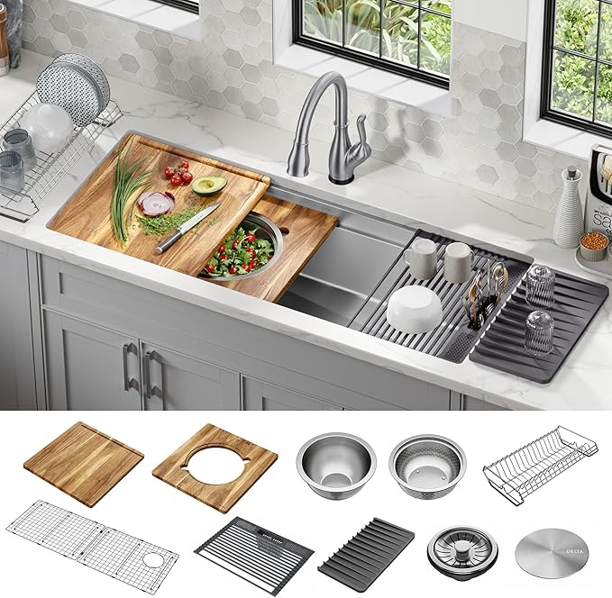 DELTA FAUCET Lorelai 45-inch Workstation Kitchen Sink Undermount 16 Gauge Stainless Steel Single Bowl with 2-Tier WorkFlow Ledge and Chef’s Kit of 11 Accessories, 95BA132-45S-SS