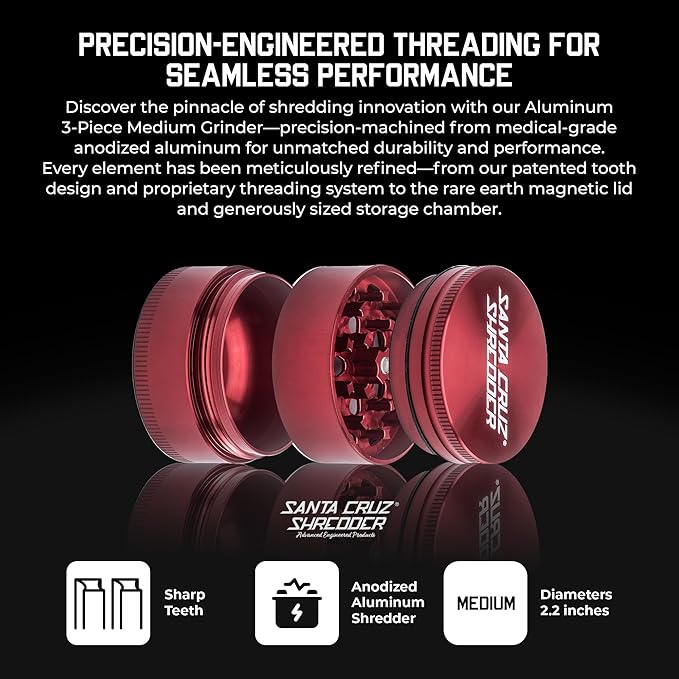 Santa Cruz Shredder Metal Spice Grinder Knurled Top for Stronger Grip 3-Piece Medium 2.2" (Red)