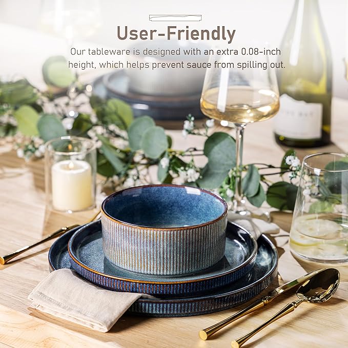 GBHOME Stoneware Dinnerware Sets for 6,Round Reactive Glaze Ceramic Plates and Bowls Set,Highly Scratch Resistant | Dishwasher & Microwave Safe Dishes Set,Service for 6(18Pcs),Ceylon Blue