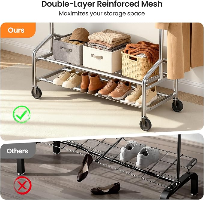 Heavy Duty Clothes Rack, Rolling Clothing Rack for Hanging Clothes with 2 Sturdy Shelves Load 650 LBS, Metal Garment Rack with Wheels for Bedroom, Laundry Room, Retail Store, Silver