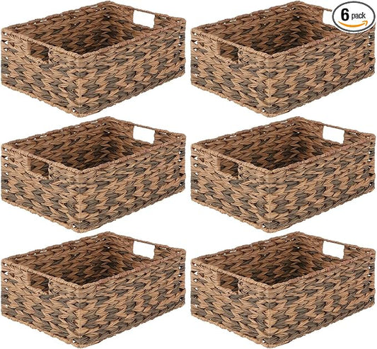 mDesign Woven Farmhouse Kitchen Pantry Food Storage Organizer Basket Bin Box - Container Organization for Cabinets, Cupboards, Shelves, Countertops - Store Potatoes, Onions, Fruit, 6 Pack, Brown Ombre