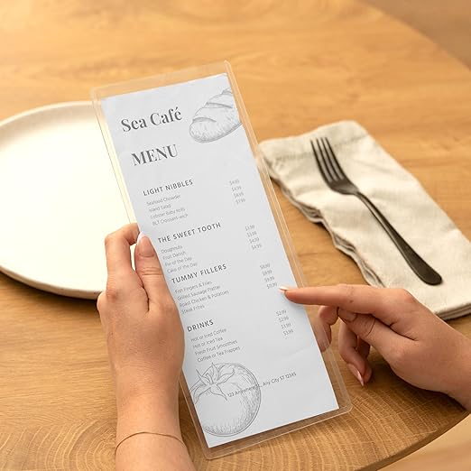 Ilyapa Restaurant Menu Covers 4.25 x 11 Inch - 30 Pack, Single Page, 2 View Clear Sleeves Holder for Restaurant, Durable PVC Hard Plastic Menu Holder