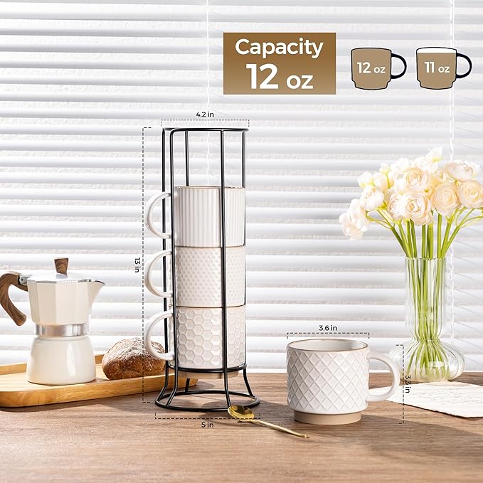 GBHOME 12OZ Stackable Coffee Mugs with Stand, Ceramic Coffee Mugs with Texture Patterns for Man,Woman,Dad,Mom, Modern Coffee Cups Set of 4 for Latte/Cappuccino/Cocoa. Dishwasher&Microwave Safe