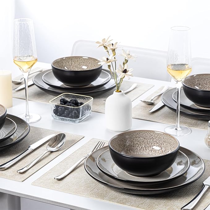 Plates and Bowls Sets for 8 - CJDC-QUELO 32-Piece Stoneware Dinnerware Sets, Ceramic Dishware Set for Indoor Kitchen Use and Formal Dining, Chip and Scratch Resistant Microwave Dishwasher Safe, Brown