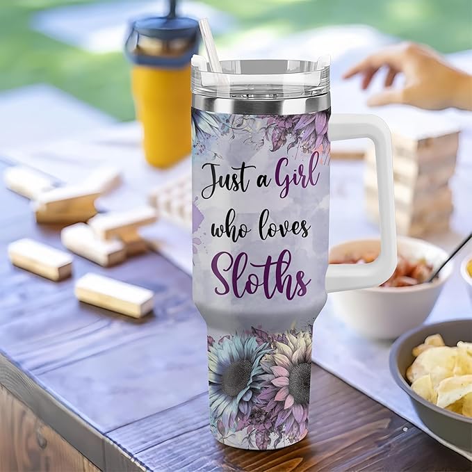 Personalized Sloth 40oz Tumbler with Handle and Straw Gifts for Sloth Lover, Cute Animal Gifts for Women on Birthday Christmas, Animal Lover Cup Gift, Custom Name Stainless Steel Travel Cup