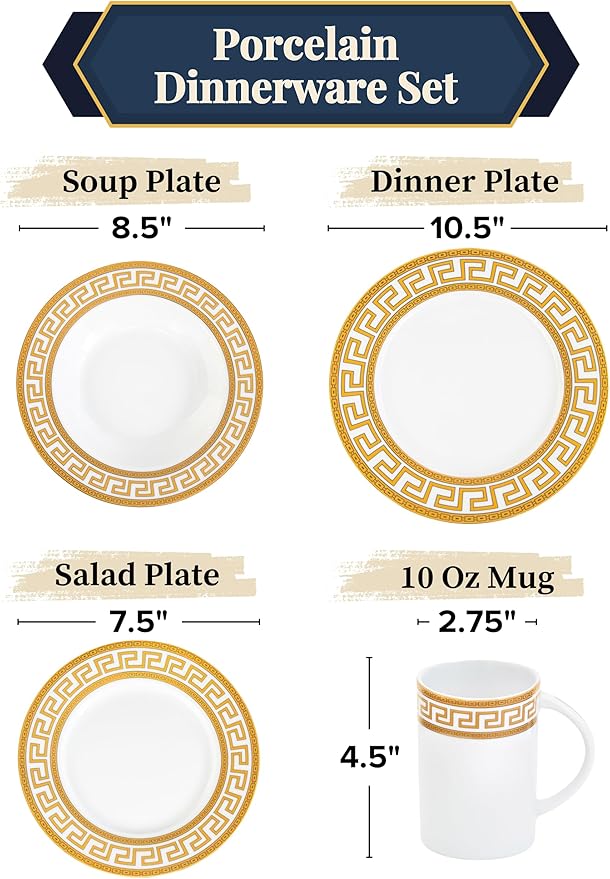 Porcelain Dinnerware Set for 1 - White with Gold 4 Piece Set Vintage Greek Key Design - Elegant Dinner Plates, Soup Plates and Mugs - Dining Kitchenware for Home, Formal Occasions and Everyday Dishes