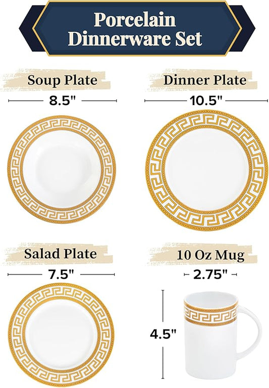 Porcelain Dinnerware Set for 1 - White with Gold 4 Piece Set Vintage Greek Key Design - Elegant Dinner Plates, Soup Plates and Mugs - Dining Kitchenware for Home, Formal Occasions and Everyday Dishes