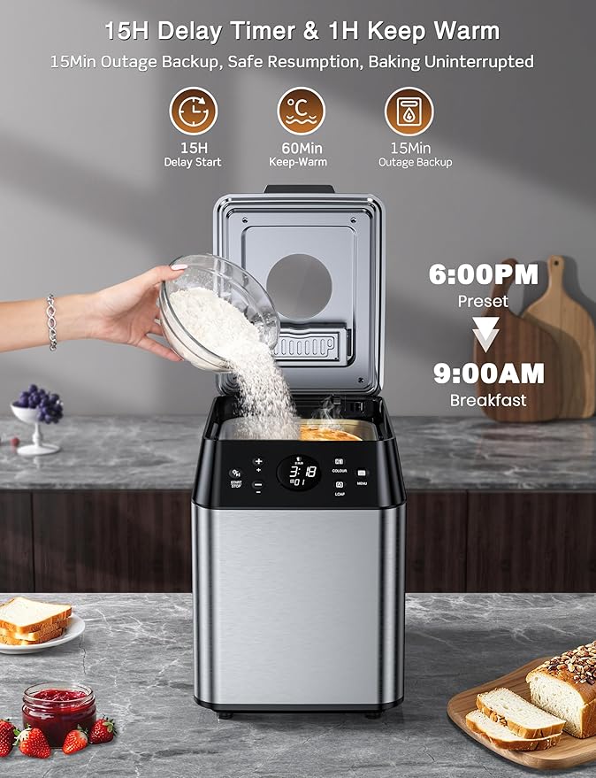 KBS 3LB Programmable Bread Maker,20-in-1 Automatic Bread Machine with Ceramic Pan & Fruit Dispenser, 850W Dual Heaters Bread Maker Machine with Quiet Brushless Motor,Stainless Steel,15H Timer,3 Colors