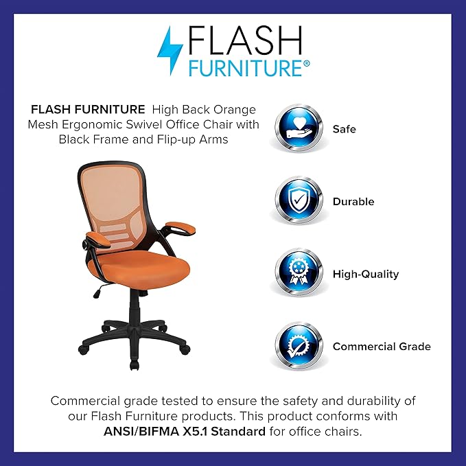 Flash Furniture Porter Mesh High Back Ergonomic Swivel Office Chair with Lumbar Support, Flip-Up Arms, Tilt Lock/Tilt Tension, Height Adjustable, Black/Black Frame