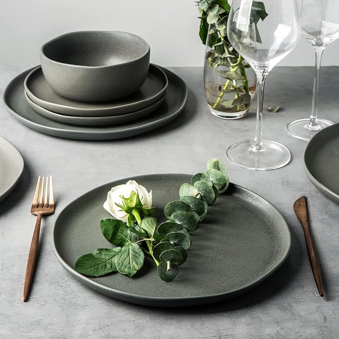 AmorArc Stoneware Dinnerware Sets, Wavy Rim Ceramic Plates and Bowls Sets, Highly Chip and Crack Resistant | Dishwasher & Microwave & Oven Safe Dishes set, Service for 4 (12pc)