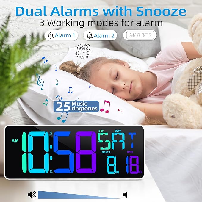 Large Digital Wall Clock Timer 13.5" Large Display Available In 11 Color Modes LED Wall Clock with Temperature Day of the Week Clock Auto-Dimming for Home Gym Office 2 Groups Alarm 25 Music Ringtones