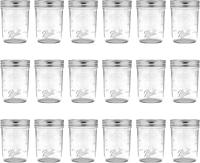 Ball - 8 oz Regular Mouth Glass Mason Jars | 18 Pack Jars with Airtight Lids | Large Glass Jar for Food Storage with Lids | Ideal for Canning, Fermentation, Pickling, Kombucha Brewing | Set of 18
