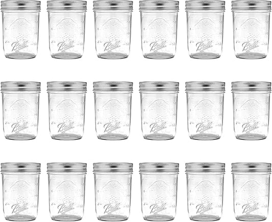 Ball - 8 oz Regular Mouth Glass Mason Jars | 18 Pack Jars with Airtight Lids | Large Glass Jar for Food Storage with Lids | Ideal for Canning, Fermentation, Pickling, Kombucha Brewing | Set of 18