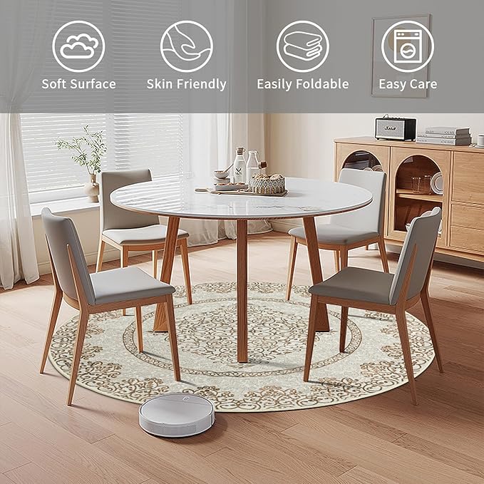 Easy-Going Round Area Rug 3ft Washable Boho Neutral Small Circle Rugs for Living Room Non-Slip Bedroom Rug Low Pile Lightweight Floral Brown Print Vintage Throw Rug for Dining Room Kitchen Office