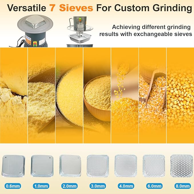 15.8 Gallons Corn Grinder Mill, Dry Grain Mill Grinders Electric, Grain Grinder Mills, Farm Home Wheat Grinders for Spice Rice Feed Flour Cereals, 7 Sizes Sieves