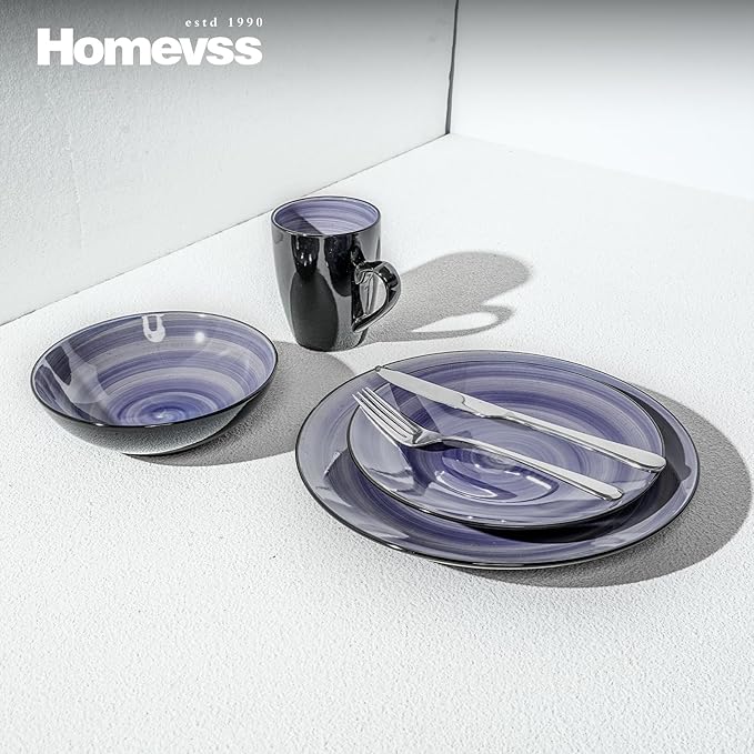 Sonoma Stoneware 16pc Dinnerware Set, Outside Black + Inside Hand Painting Color Cobalt