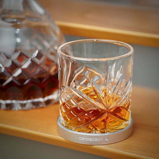 Crystocraft Whiskey Glass with Rotating Aluminum Coaster, Spinning Cocktail Glass, Old Fashioned Drinking Glassware for Bars, Restaurants, Party, Home, Gift for Father Birthday Christmas