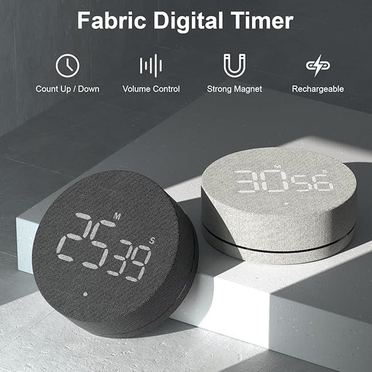 AVINIA Desk Timer for Productivity Magnetic Digital Kitchen Timer Rechargeable Fabric Mesh Cover 99 Mins Countdown/Count Up Stylish Efficana Konah Home Timmer for Cooking (Fabric Black)