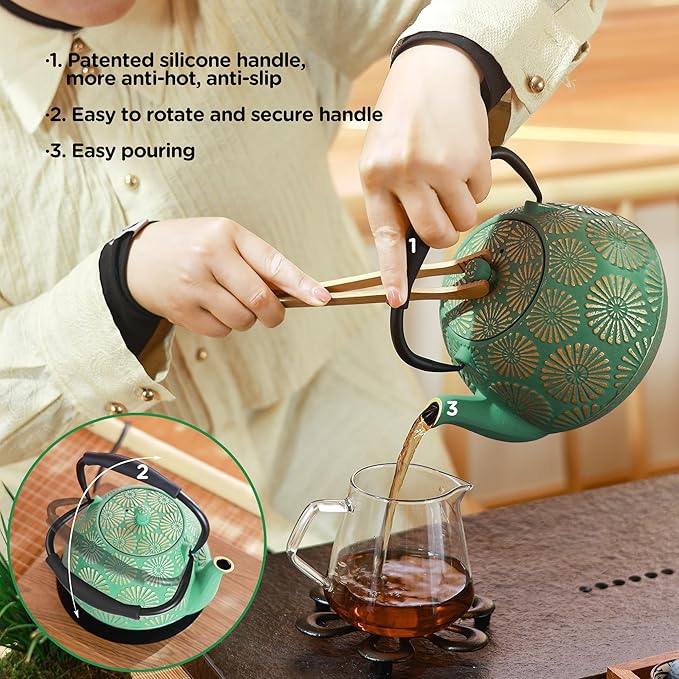 Cast Iron Teapot, 40oz Tea Kettle with Infuser for Stove Top, Sakura Design Japanese Tea Pot for Loose Leaf Coated with Enameled Interior, Silicone Handle 1200ml Green