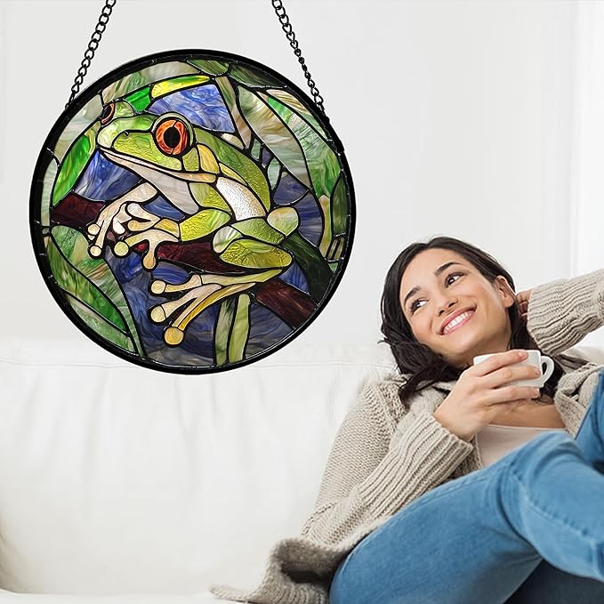 Stained Glass Window Hanging, Teal Frog Sun Catcher for Door Home Decor Green Suncatcher Christmas Mother's Day Birthday Gifts for Women Men Mom and Nana 7.8 in