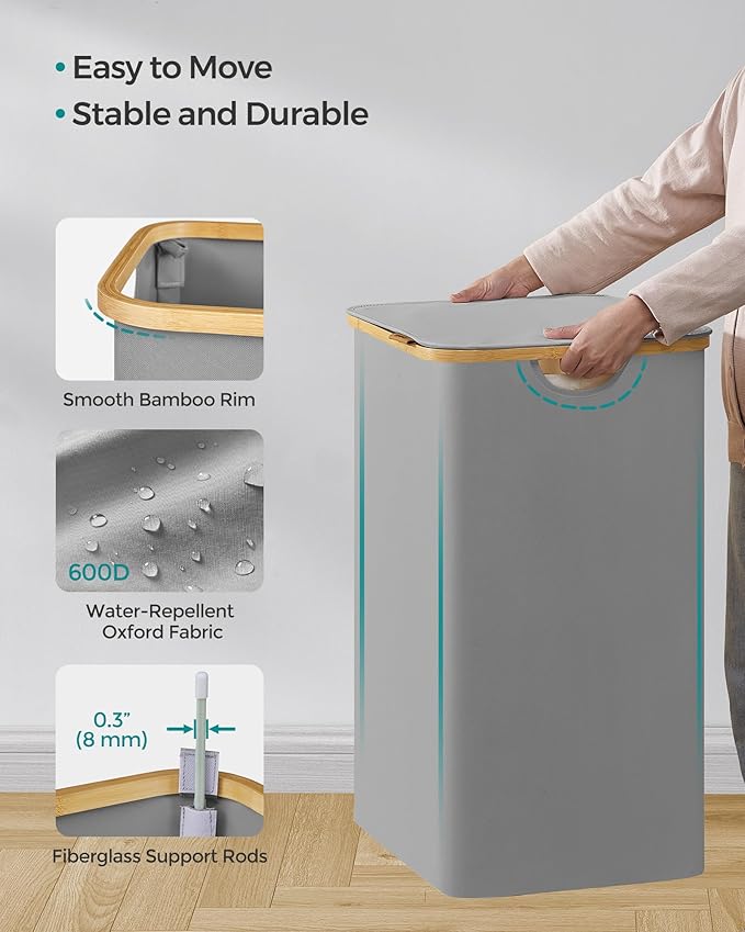 SONGMICS Laundry Hamper with Lid, 3-Section Large Laundry Basket, 52.8-gallon (150L), Removable Mesh Liner, Bamboo Handles, Collapsible, 23.6 x 15.2 x 27.8 Inches, Dove Gray ULCB515G01