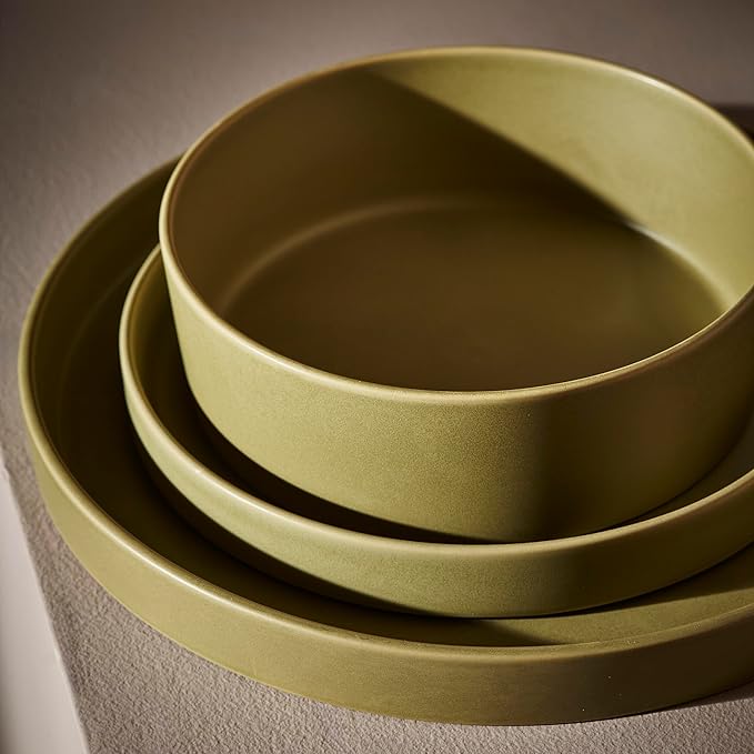 Stone by Mercer Project MODAN 12-Piece Stoneware Dinnerware Set, Plates and Bowls Sets, Dish Set for 4, Green