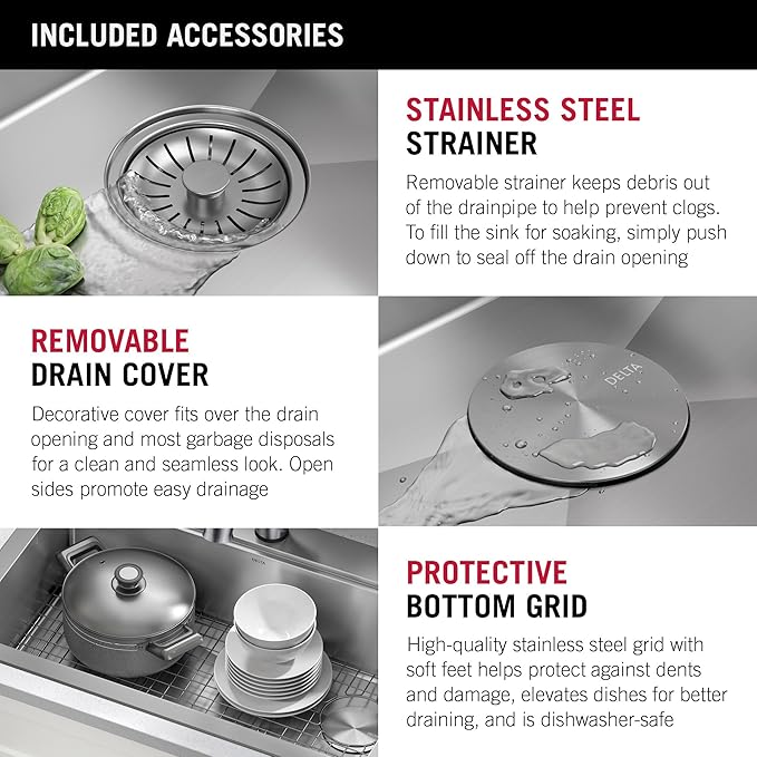 DELTA FAUCET 95A932-33S-SS Lorelai Workstation Kitchen Sink Drop-in Top Mount Stainless Steel Single Bowl with WorkFlow Ledge and Chef’s Kit of 5 Accessories