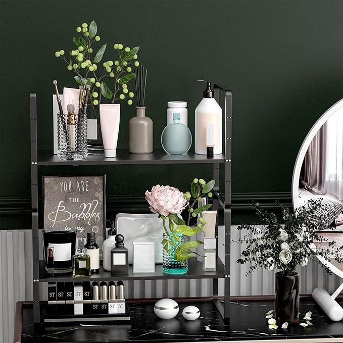 Redrubbit Expandable Cabinet Shelf Organizers, Stackable Kitchen Counter Shelves Spice Rack for Kitchen Bathroom Pantry Cupboard Desk Home Office, Metal Plate Heavy Duty Nonslip Black