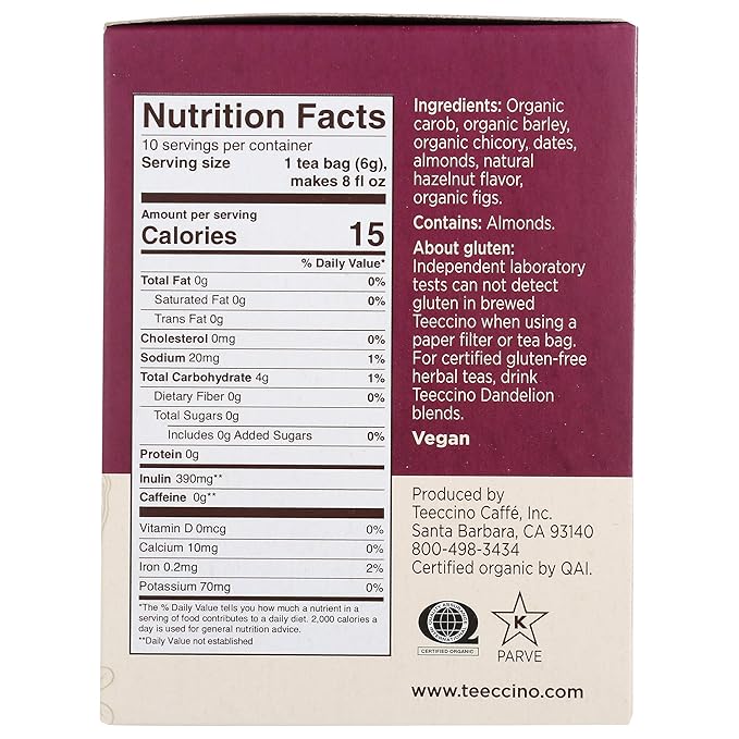 Teeccino Hazelnut Roasted Herbal Tea - Caffeine Free, Prebiotic, 3x More Herbs - 10 Tea Bags