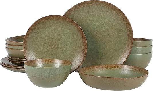 Bloomhouse - Two Time Oprah's Favorite Things Winner - Palermo Sun Double Bowl Stoneware Reactive Glaze Plates and Bowls Dinnerware Set - Cardamom Green, Service for Four (16pcs)