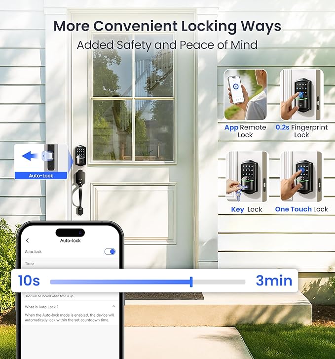 Veise VE027 Built-in Wi-Fi Smart Lock, Fingerprint Keyless Entry Front Door Lock, App Remote Control, No Hub Needed, Keypad Deadbolt, IP65 Waterproof, BHMA Grade 3, Matte Black