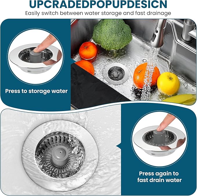 3 in 1 Kitchen Sink Strainer & Stopper, Pop Up Drain Plug for 3.5 Inch Sink – Anti-Clogging, Brass Core, Easy to Clean with Bonus Basket – Silver – DIKSEFN (Silver)