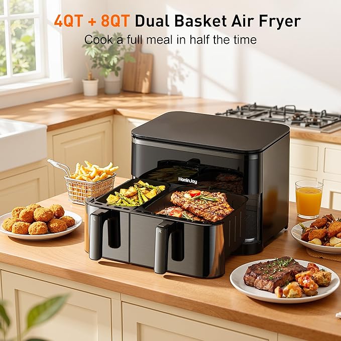 12QT Large Air Fryer with Dual Basket (4QT+8QT), 13-in-1 Digital Touchscreen Double Zone Air Fryers with 50pcs Paper Liners, Sync & Dual, for Bake, Roast, Shake Reminder, Dishwasher Safe