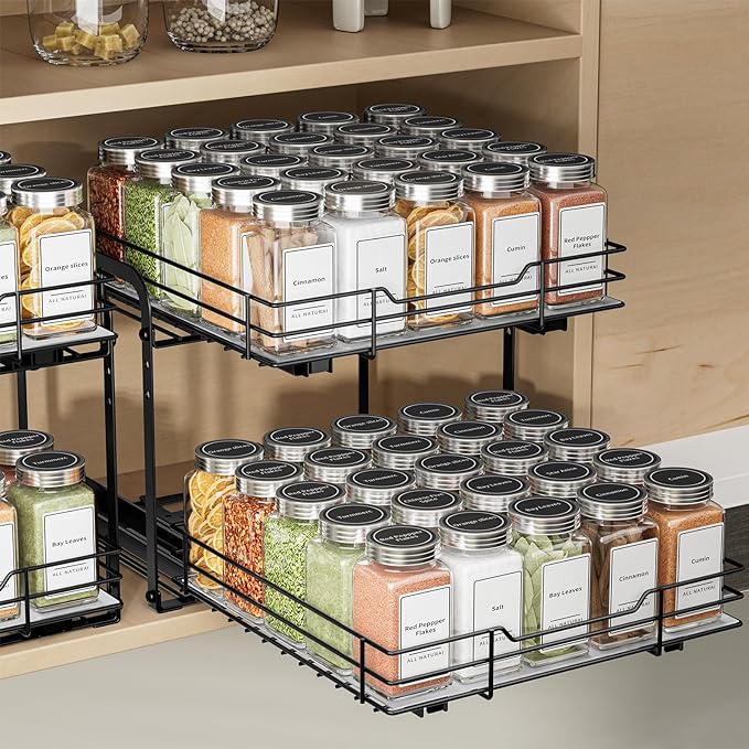 2-Tier Spice Rack Organizer, Pull Out Spice Rack for Cabinet, Height Adjustable Heavy Duty Metal Basket for Inside Cabinet & Pantry (11.5''Wx10.5''Dx9.5''H)